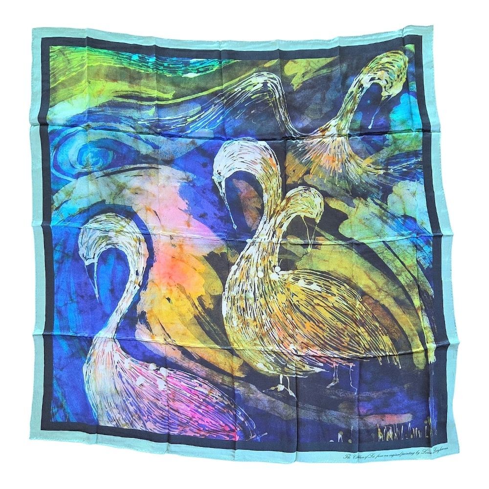 100% Silk Colorful Art To Wear Artsy Scarf NWT IRELAND Children of Lir Swans